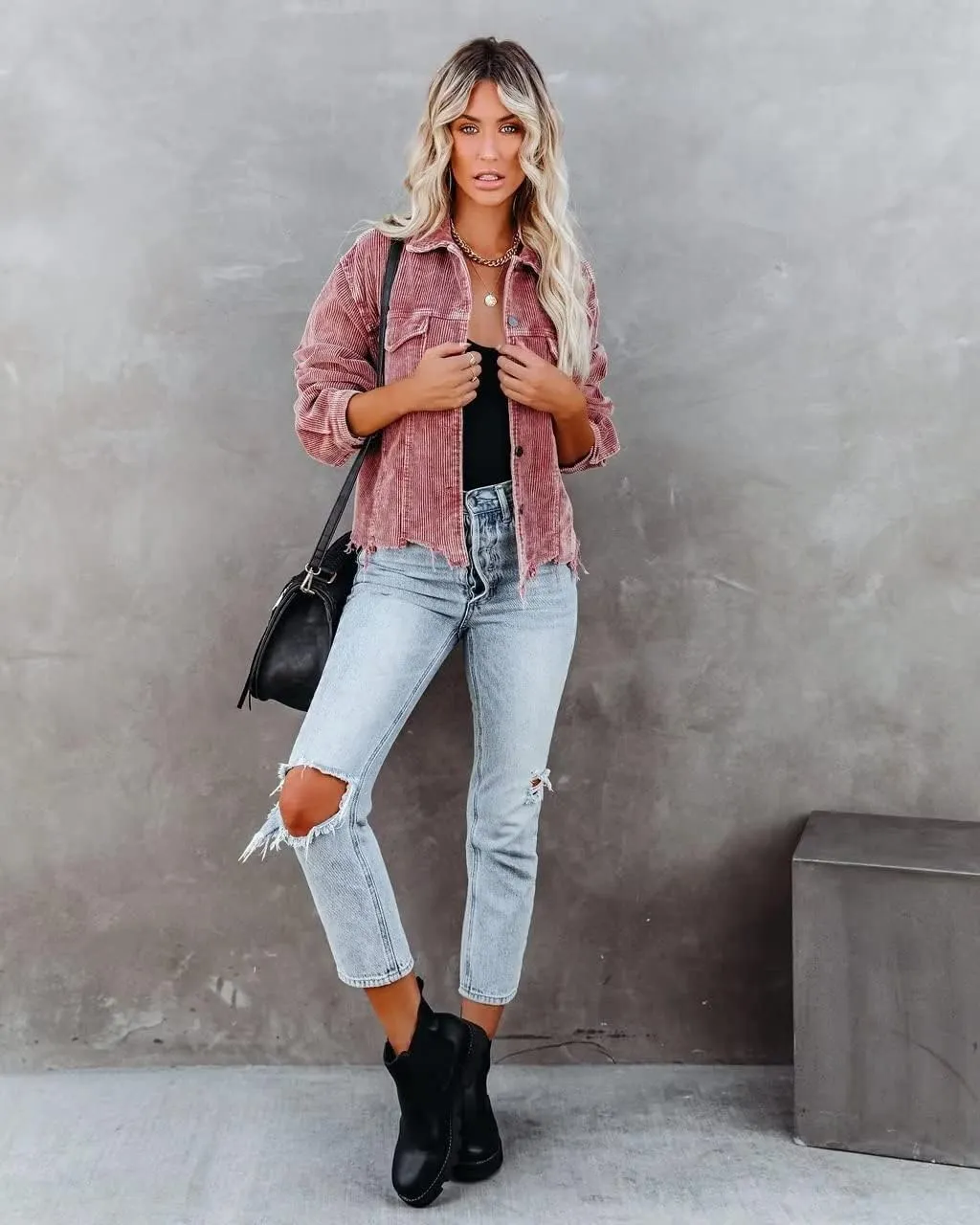 Womens Cropped Corduroy Jacket Casual Button Down Shacket Coat Fringe with Frayed Hem