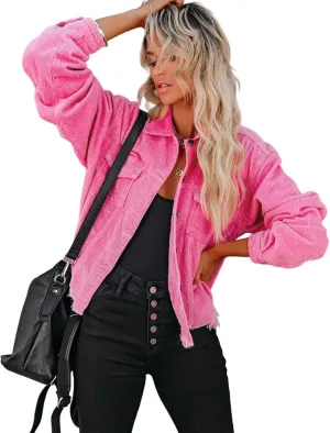 Womens Cropped Corduroy Jacket Casual Button Down Shacket Coat Fringe with Frayed Hem