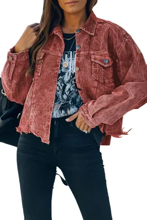 Womens Cropped Corduroy Jacket Casual Button Down Shacket Coat Fringe with Frayed Hem