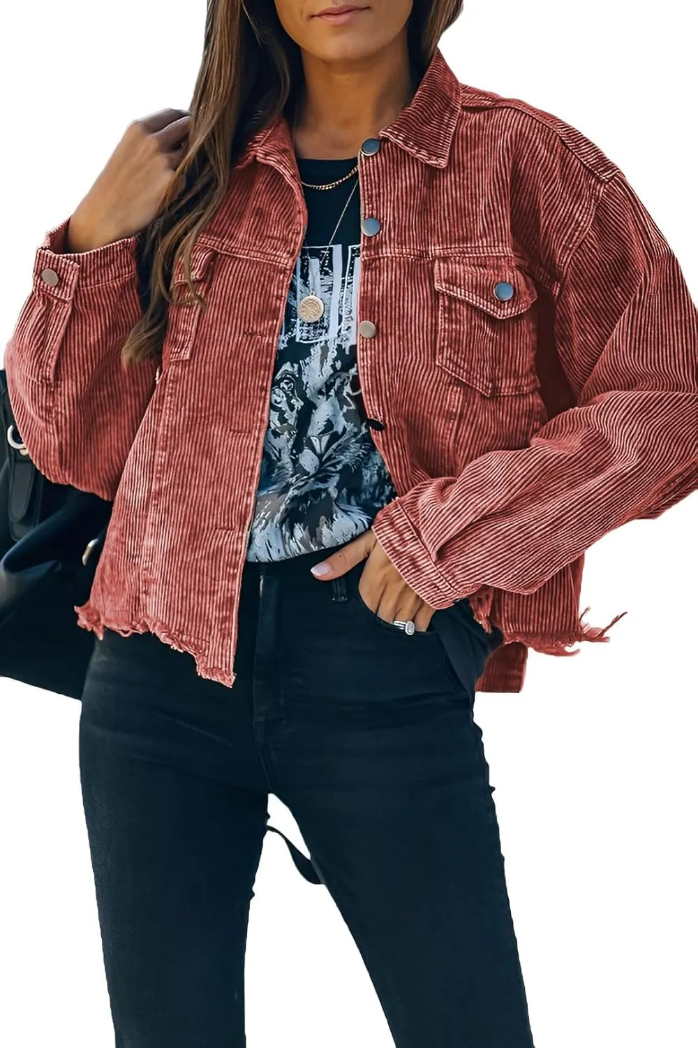 Womens Cropped Corduroy Jacket Casual Button Down Shacket Coat Fringe with Frayed Hem