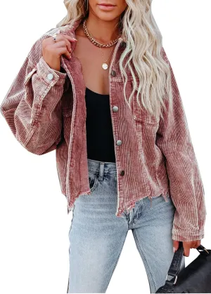 Womens Cropped Corduroy Jacket Casual Button Down Shacket Coat Fringe with Frayed Hem