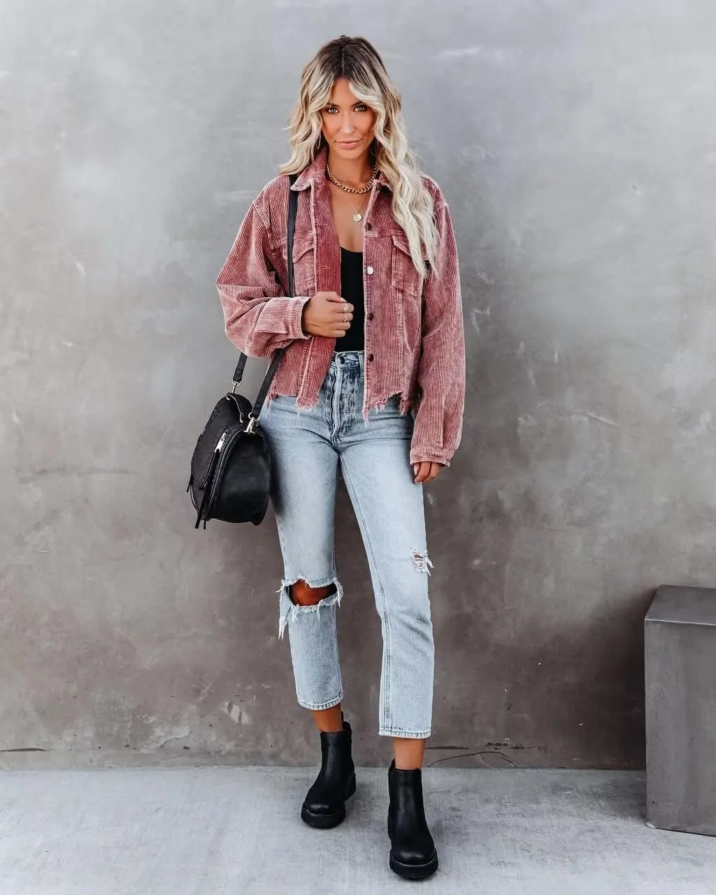 Womens Cropped Corduroy Jacket Casual Button Down Shacket Coat Fringe with Frayed Hem