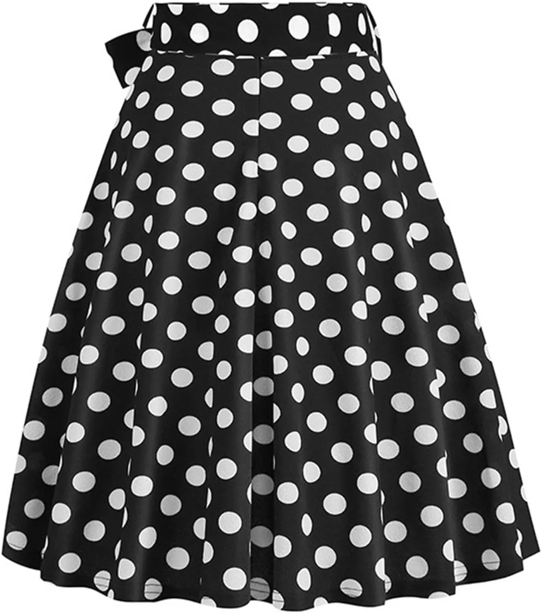 Womens Cute Polka Dot Skirts Elegant Bow Tie Lace-Up Summer Lightweight Comfy A-Line Pleated Midi Skirts