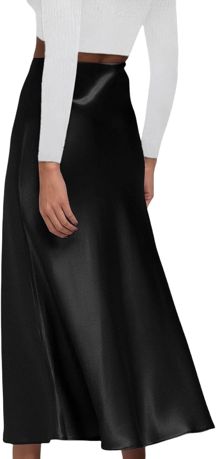 Womens Elegant Satin Skirts Casual A Line Midi Skirt Summer Spring High Waist Cocktail Party Wedding Long Skirt