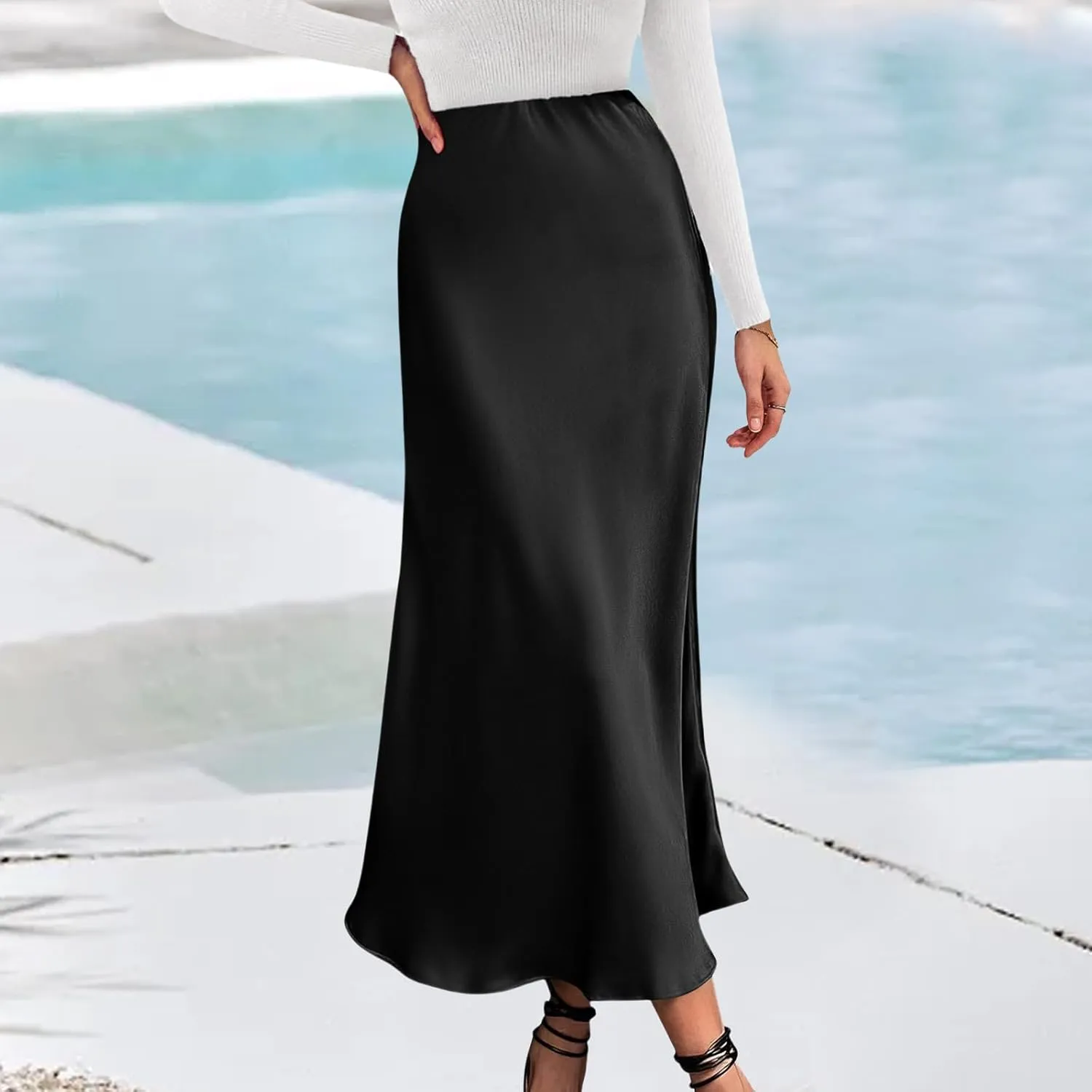 Womens Elegant Satin Skirts Casual A Line Midi Skirt Summer Spring High Waist Cocktail Party Wedding Long Skirt