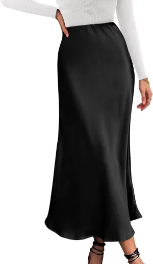 Womens Elegant Satin Skirts Casual A Line Midi Skirt Summer Spring High Waist Cocktail Party Wedding Long Skirt