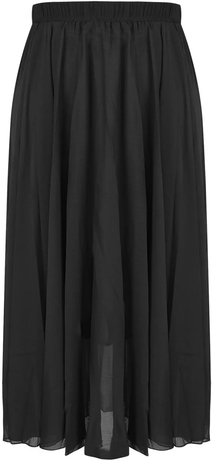 Womens Flowy Chiffon Maxi Skirts Summer Elastic High Waisted Layered Beach Skorts Solid Color Fashion Elegant Skirt