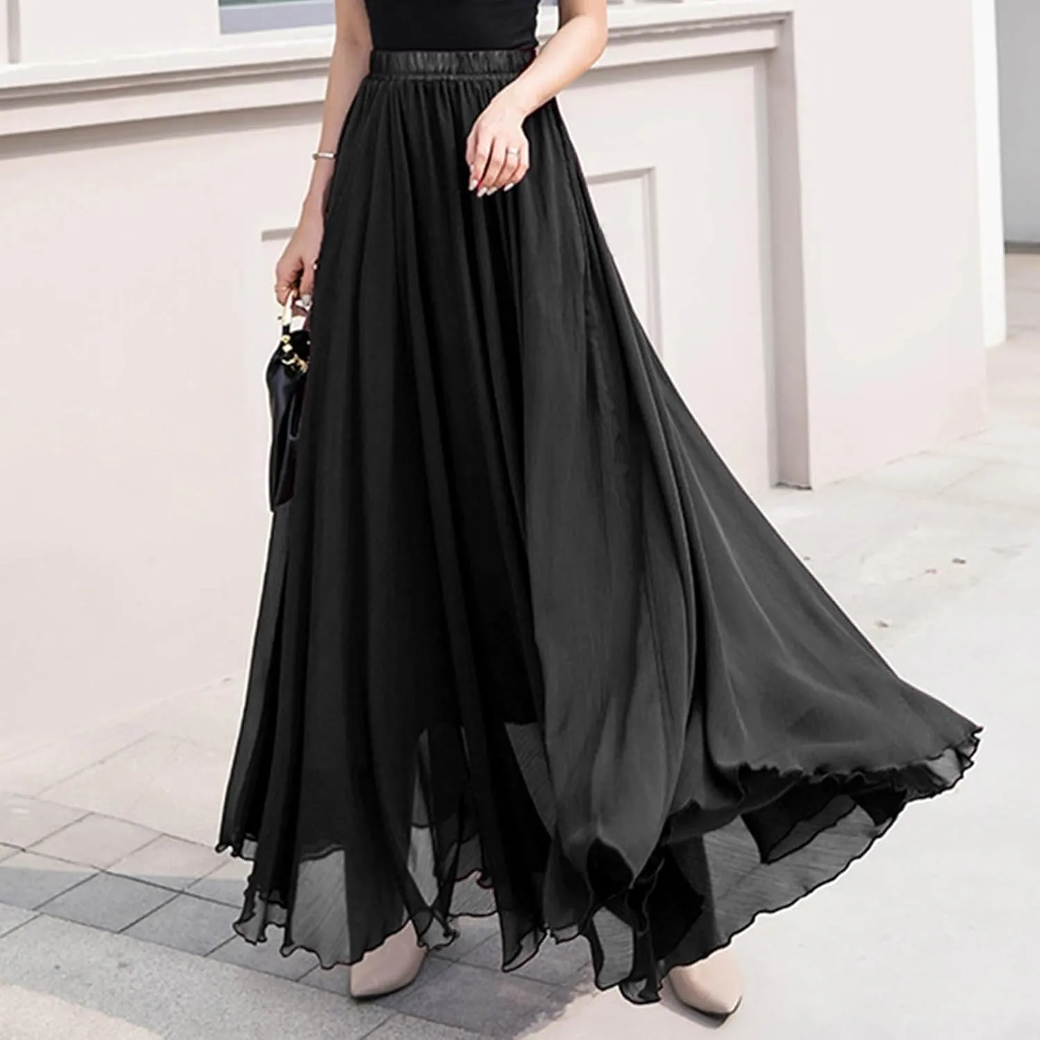 Womens Flowy Chiffon Maxi Skirts Summer Elastic High Waisted Layered Beach Skorts Solid Color Fashion Elegant Skirt