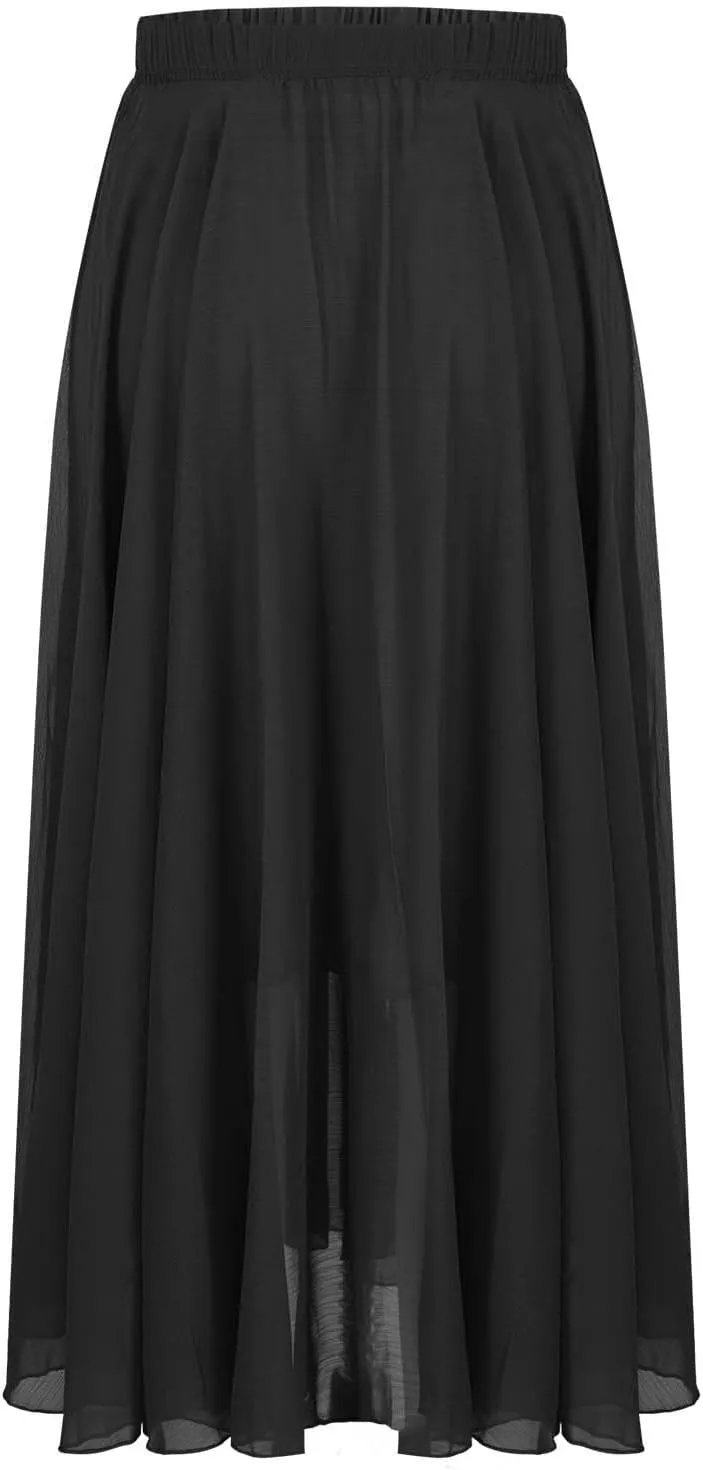 Womens Flowy Chiffon Maxi Skirts Summer Elastic High Waisted Layered Beach Skorts Solid Color Fashion Elegant Skirt