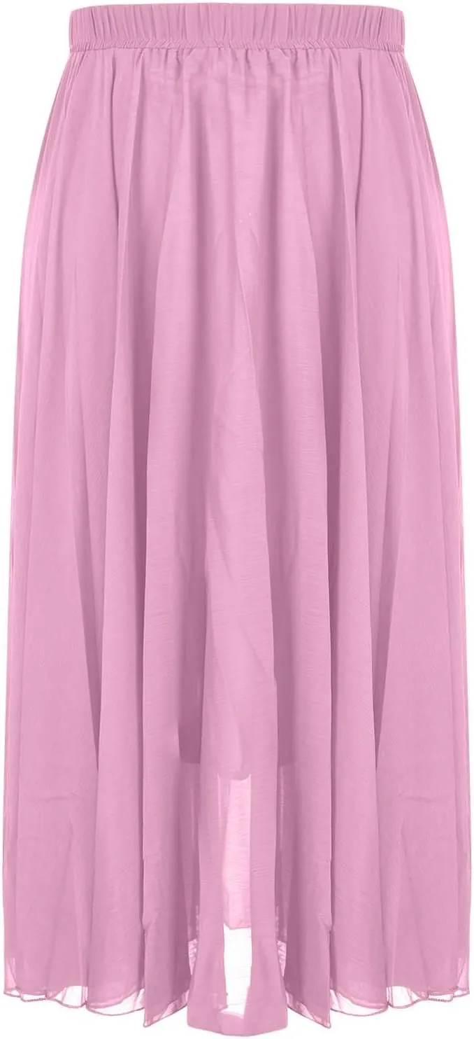 Womens Flowy Chiffon Maxi Skirts Summer Elastic High Waisted Layered Beach Skorts Solid Color Fashion Elegant Skirt