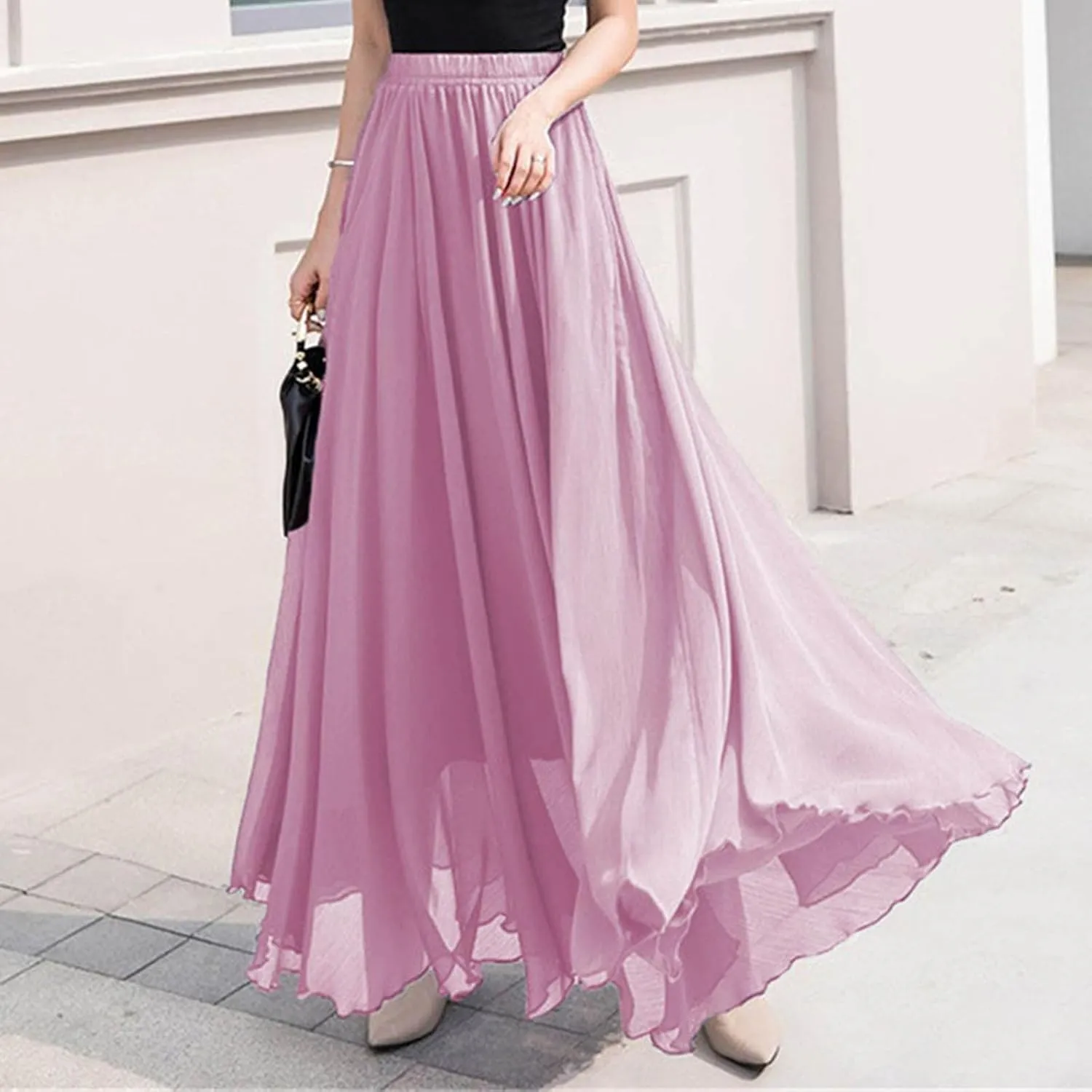 Womens Flowy Chiffon Maxi Skirts Summer Elastic High Waisted Layered Beach Skorts Solid Color Fashion Elegant Skirt