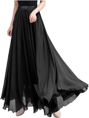 Womens Flowy Chiffon Maxi Skirts Summer Elastic High Waisted Layered Beach Skorts Solid Color Fashion Elegant Skirt