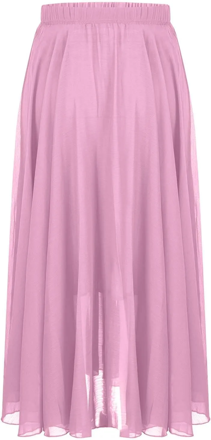 Womens Flowy Chiffon Maxi Skirts Summer Elastic High Waisted Layered Beach Skorts Solid Color Fashion Elegant Skirt