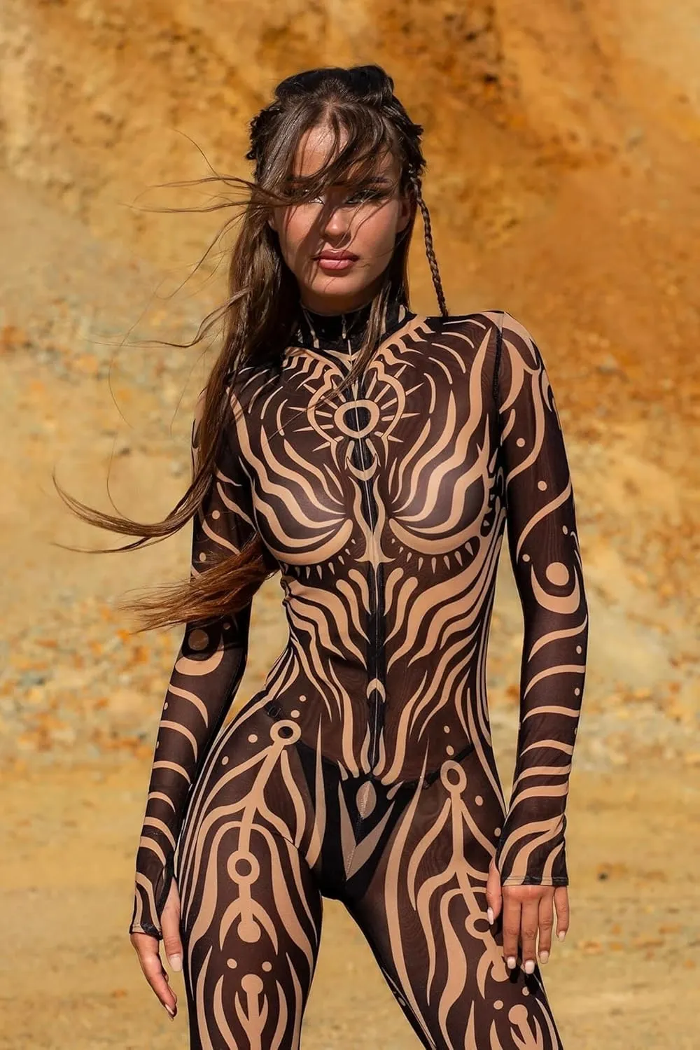 Women's Full Body Bodysuit with Tribal Tattoo Print Stretch Jumpsuit for Roleplay Festival Rave Halloween