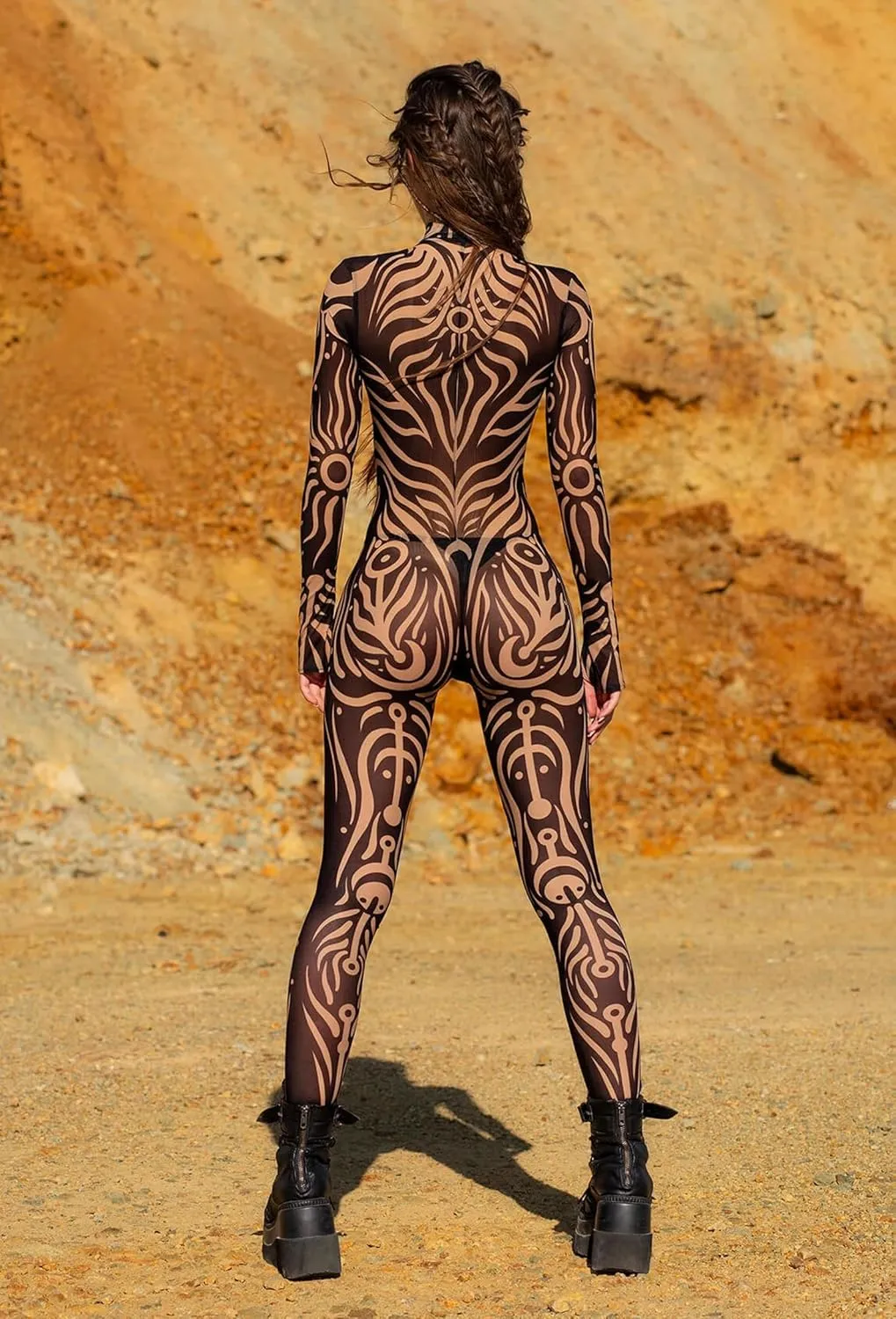 Women's Full Body Bodysuit with Tribal Tattoo Print Stretch Jumpsuit for Roleplay Festival Rave Halloween