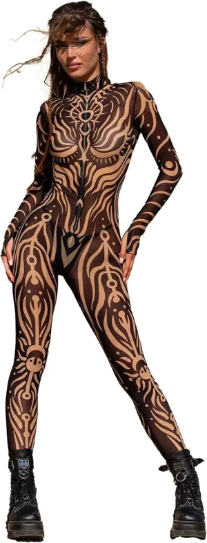Women's Full Body Bodysuit with Tribal Tattoo Print Stretch Jumpsuit for Roleplay Festival Rave Halloween