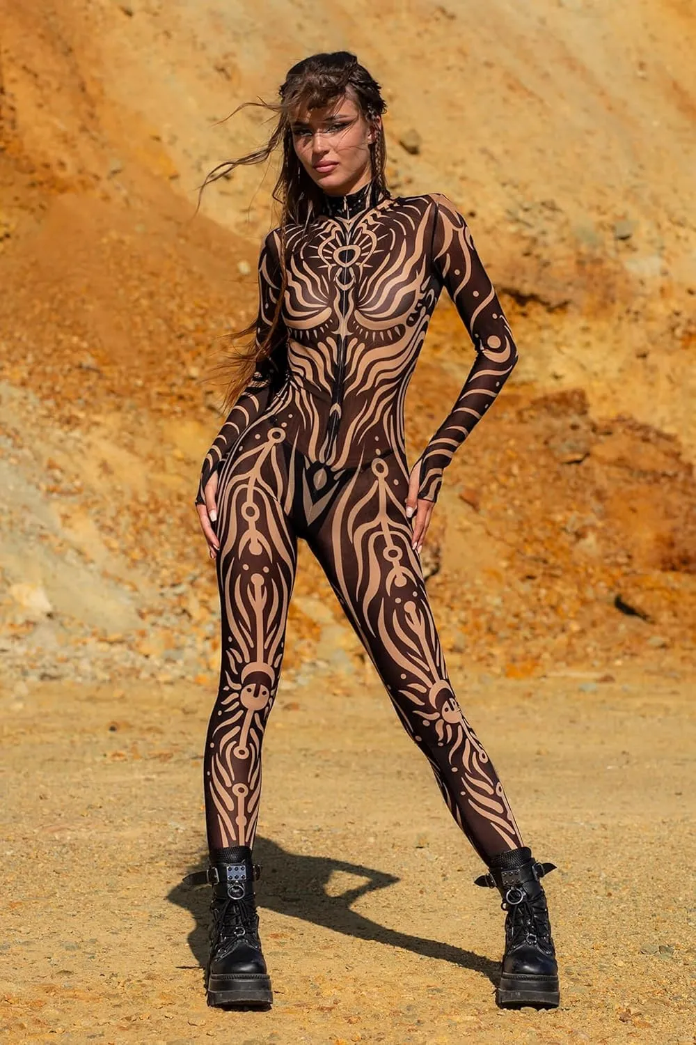 Women's Full Body Bodysuit with Tribal Tattoo Print Stretch Jumpsuit for Roleplay Festival Rave Halloween