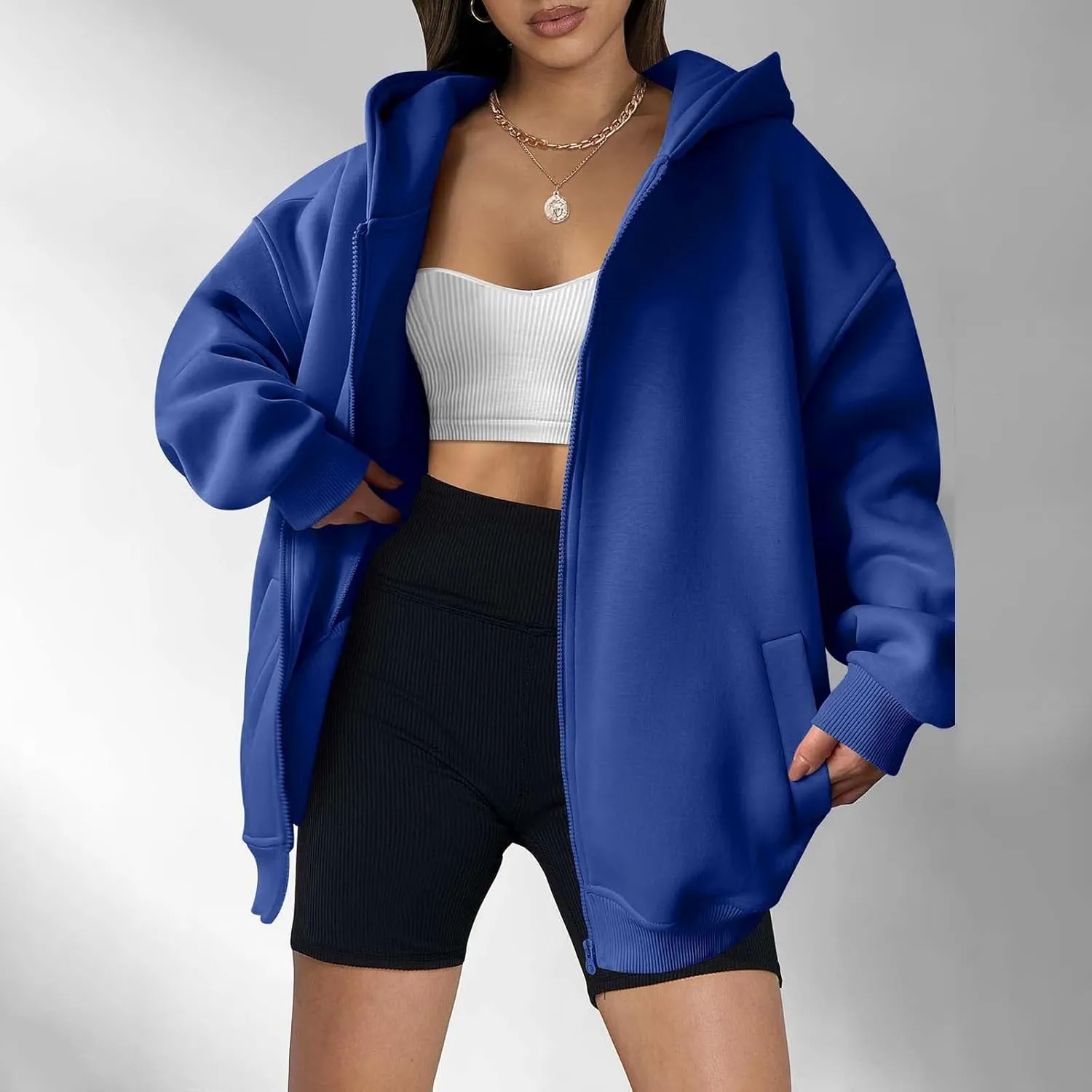 Women's Full Zip Up Sweatshirt Oversized Hooded Jacket Trendy Fleece Lined Hoodies Lightweight Gym Coats with Pockets