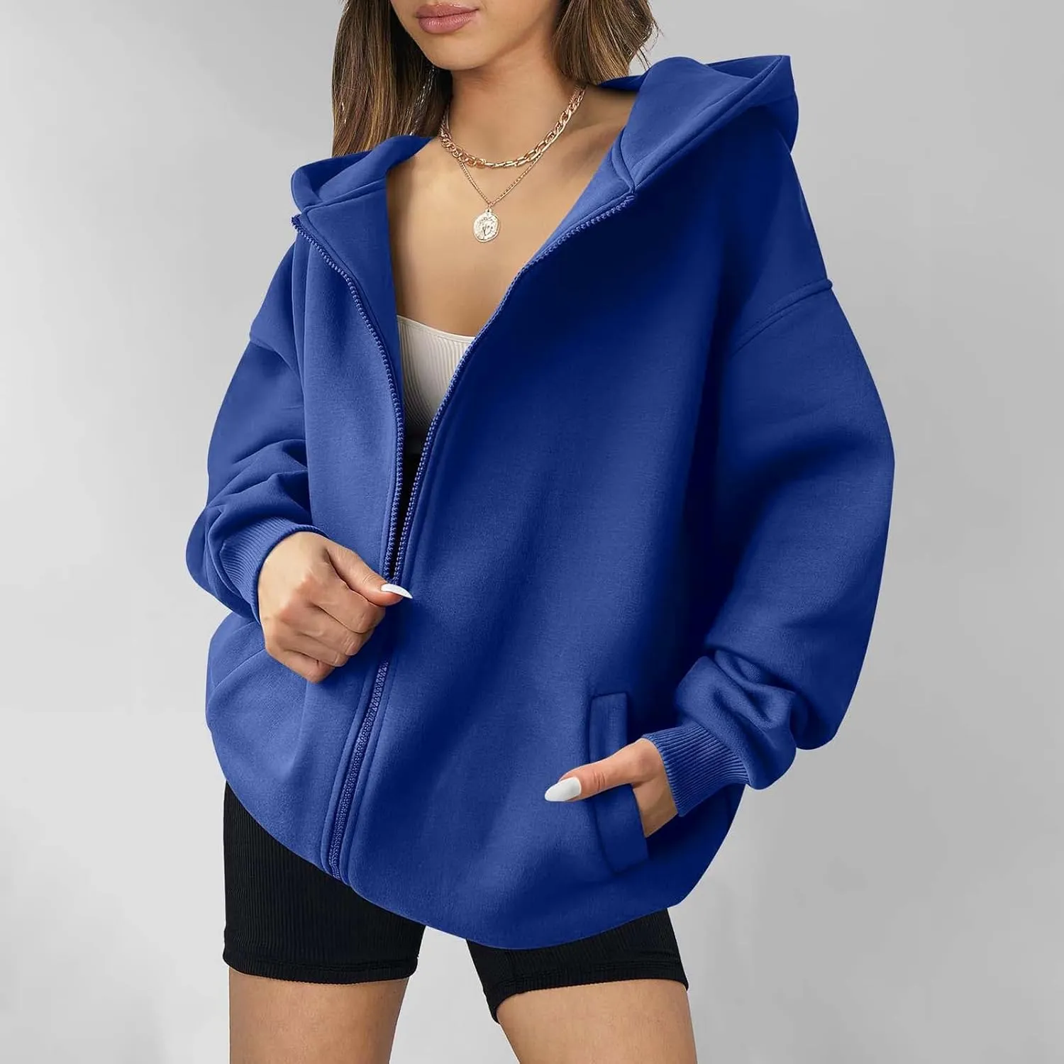Women's Full Zip Up Sweatshirt Oversized Hooded Jacket Trendy Fleece Lined Hoodies Lightweight Gym Coats with Pockets