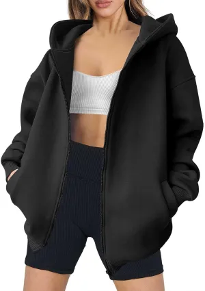 Women's Full Zip Up Sweatshirt Oversized Hooded Jacket Trendy Fleece Lined Hoodies Lightweight Gym Coats with Pockets