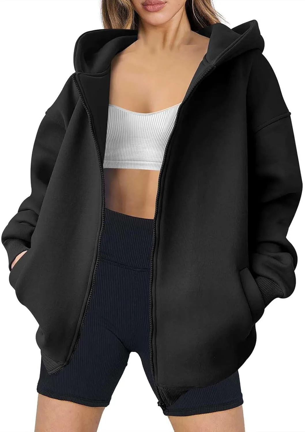 Women's Full Zip Up Sweatshirt Oversized Hooded Jacket Trendy Fleece Lined Hoodies Lightweight Gym Coats with Pockets