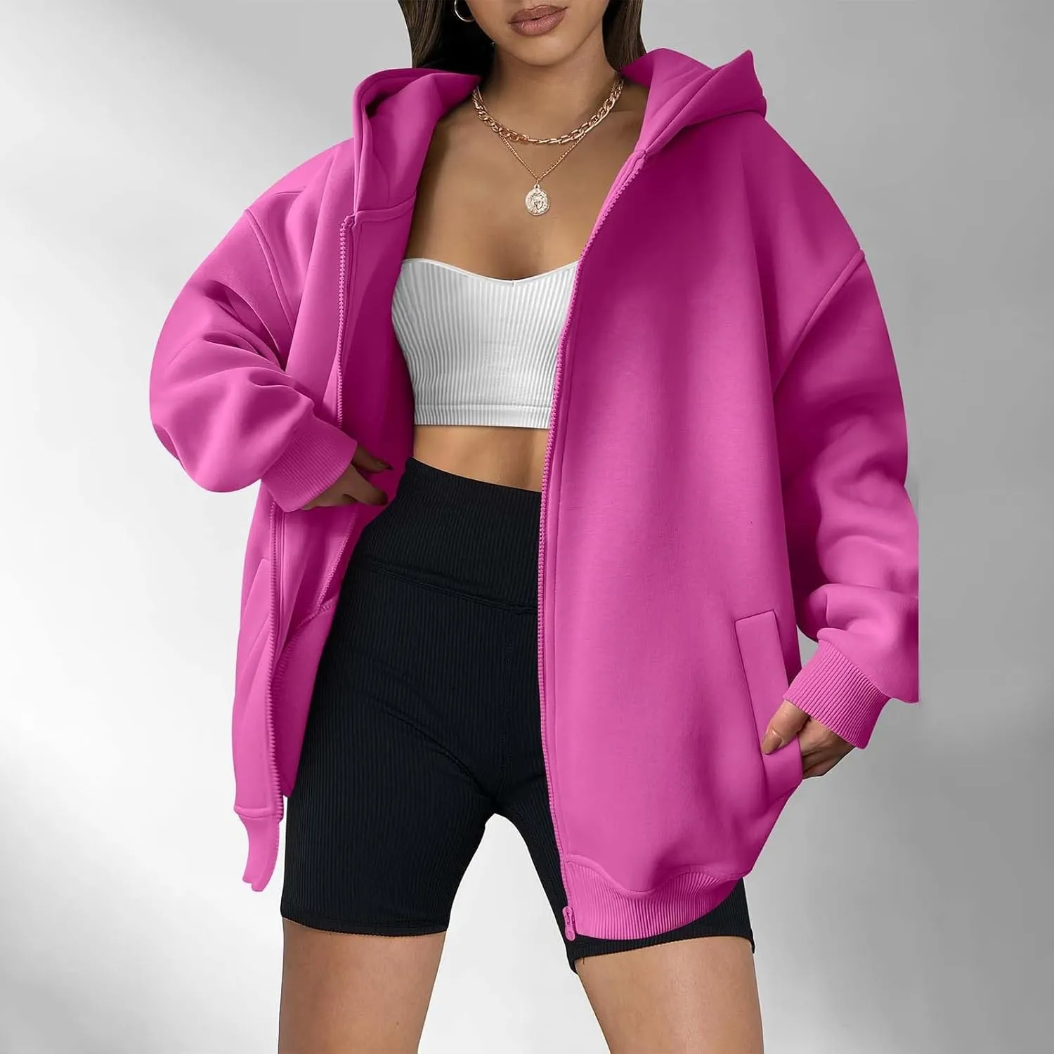 Women's Full Zip Up Sweatshirt Oversized Hooded Jacket Trendy Fleece Lined Hoodies Lightweight Gym Coats with Pockets