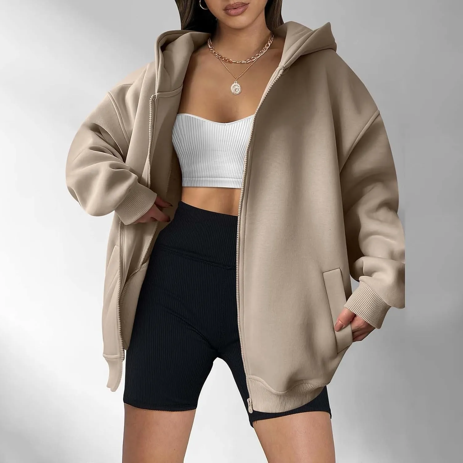 Women's Full Zip Up Sweatshirt Oversized Hooded Jacket Trendy Fleece Lined Hoodies Lightweight Gym Coats with Pockets