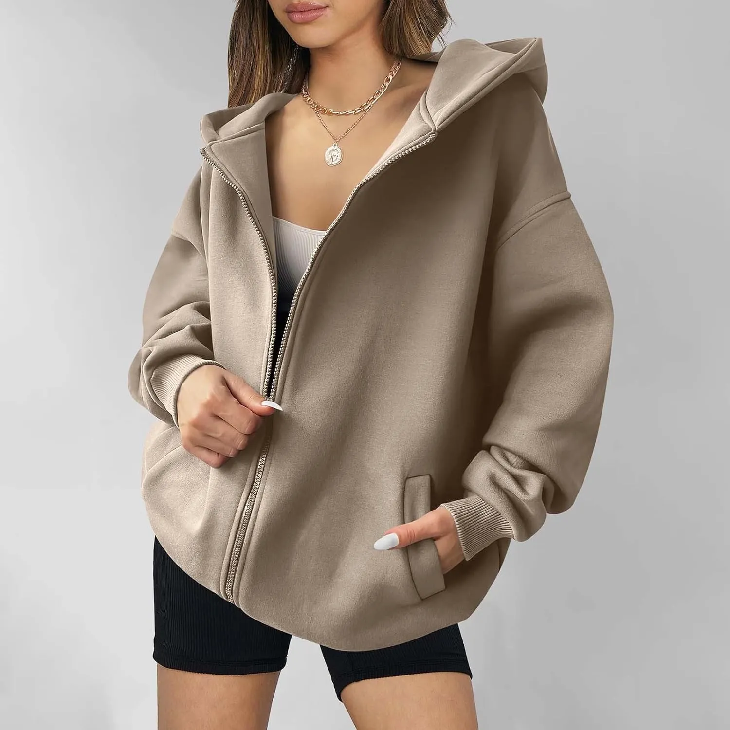Women's Full Zip Up Sweatshirt Oversized Hooded Jacket Trendy Fleece Lined Hoodies Lightweight Gym Coats with Pockets