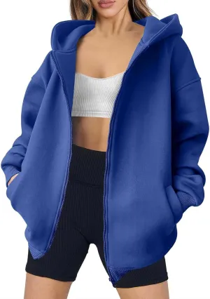 Women's Full Zip Up Sweatshirt Oversized Hooded Jacket Trendy Fleece Lined Hoodies Lightweight Gym Coats with Pockets