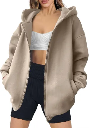 Women's Full Zip Up Sweatshirt Oversized Hooded Jacket Trendy Fleece Lined Hoodies Lightweight Gym Coats with Pockets