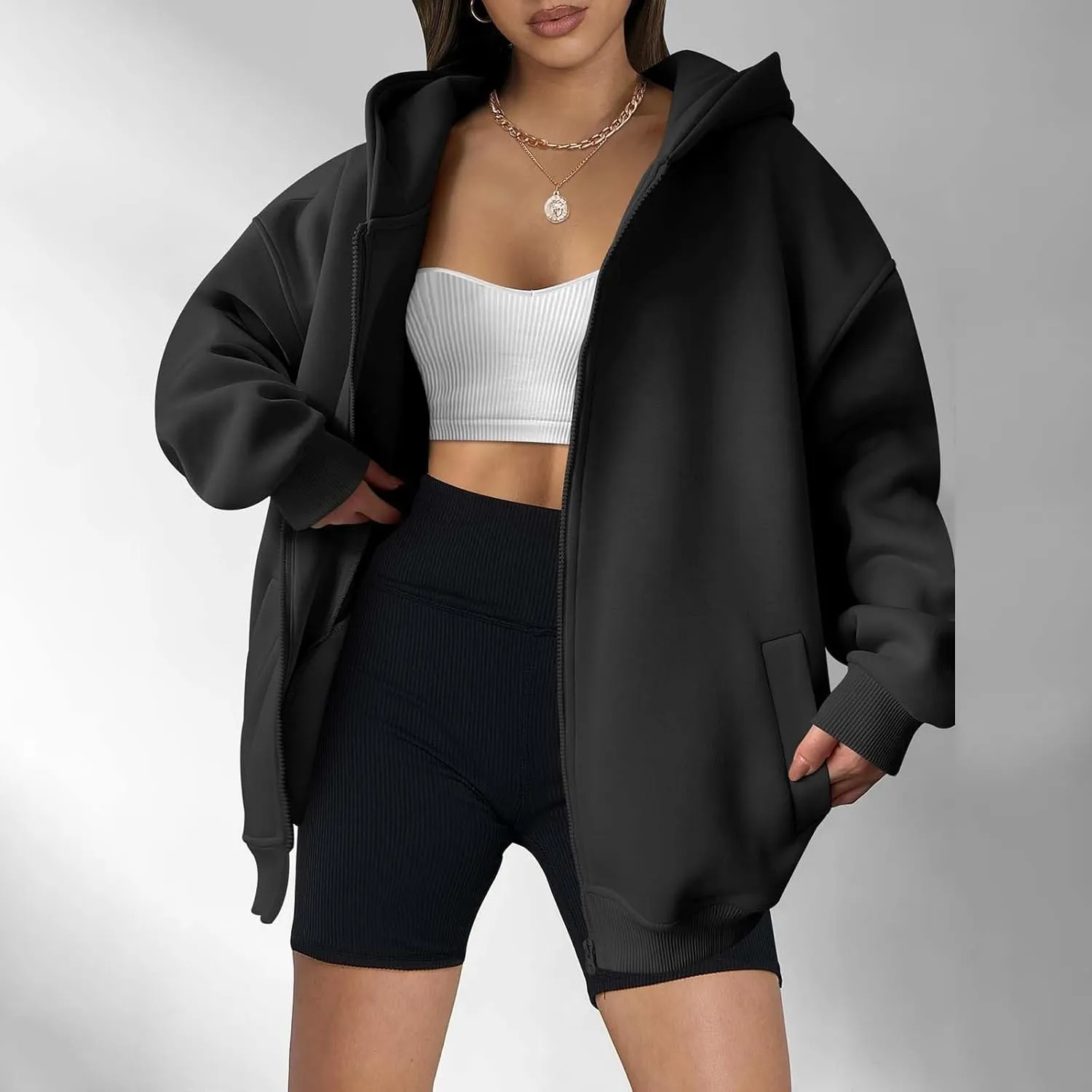 Women's Full Zip Up Sweatshirt Oversized Hooded Jacket Trendy Fleece Lined Hoodies Lightweight Gym Coats with Pockets