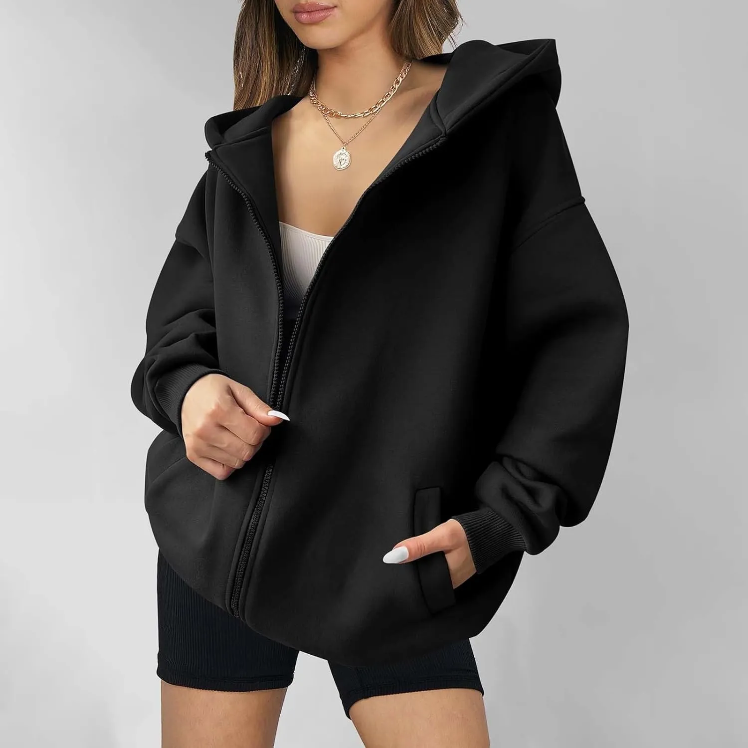 Women's Full Zip Up Sweatshirt Oversized Hooded Jacket Trendy Fleece Lined Hoodies Lightweight Gym Coats with Pockets