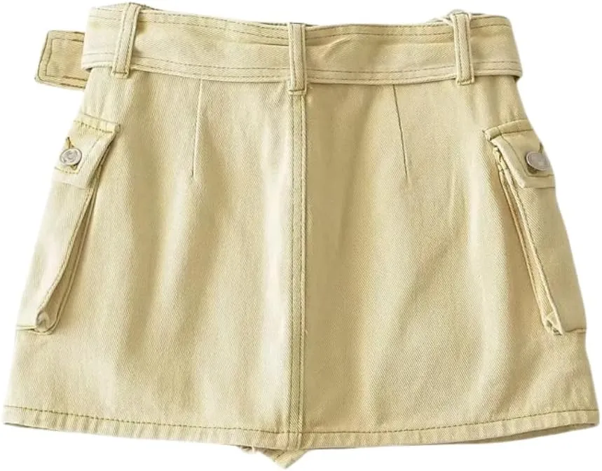Women's High-Waist Flap Pocket Y2k Skinny Denim Cargo Short Skirt with Belt