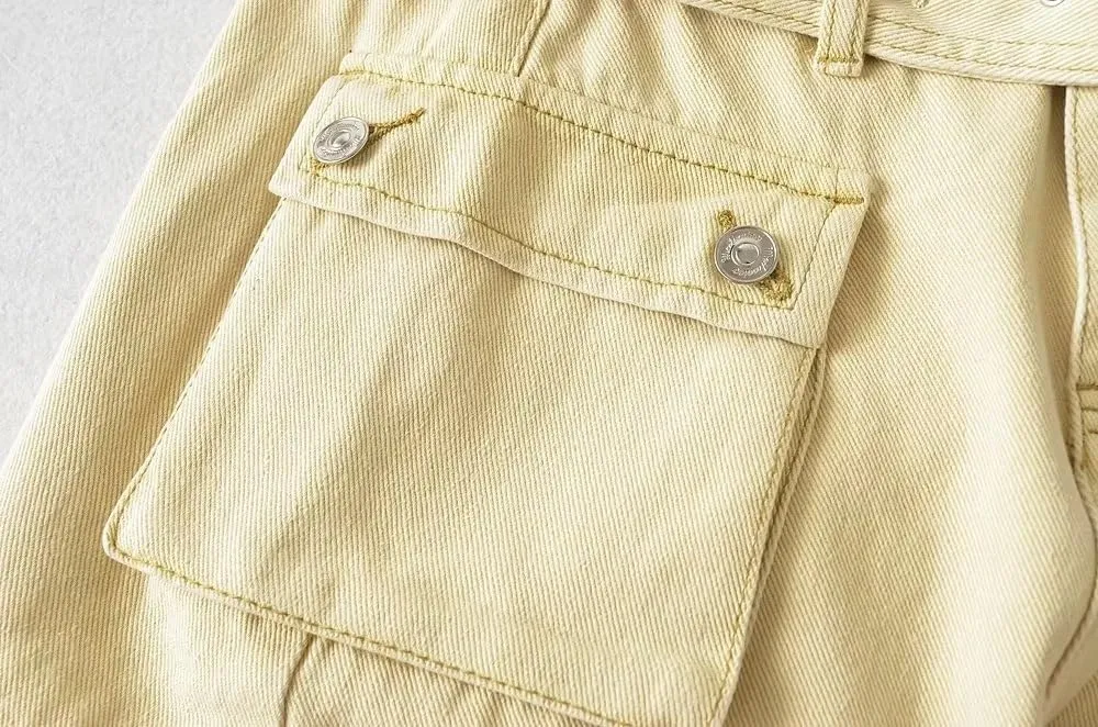 Women's High-Waist Flap Pocket Y2k Skinny Denim Cargo Short Skirt with Belt