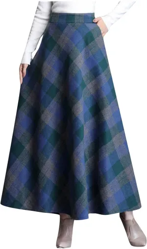 Women's High Waist Plaid A Line Skirts Vintage Elastic Pleated Plus Size Skirt Retro Elegant Business Dress