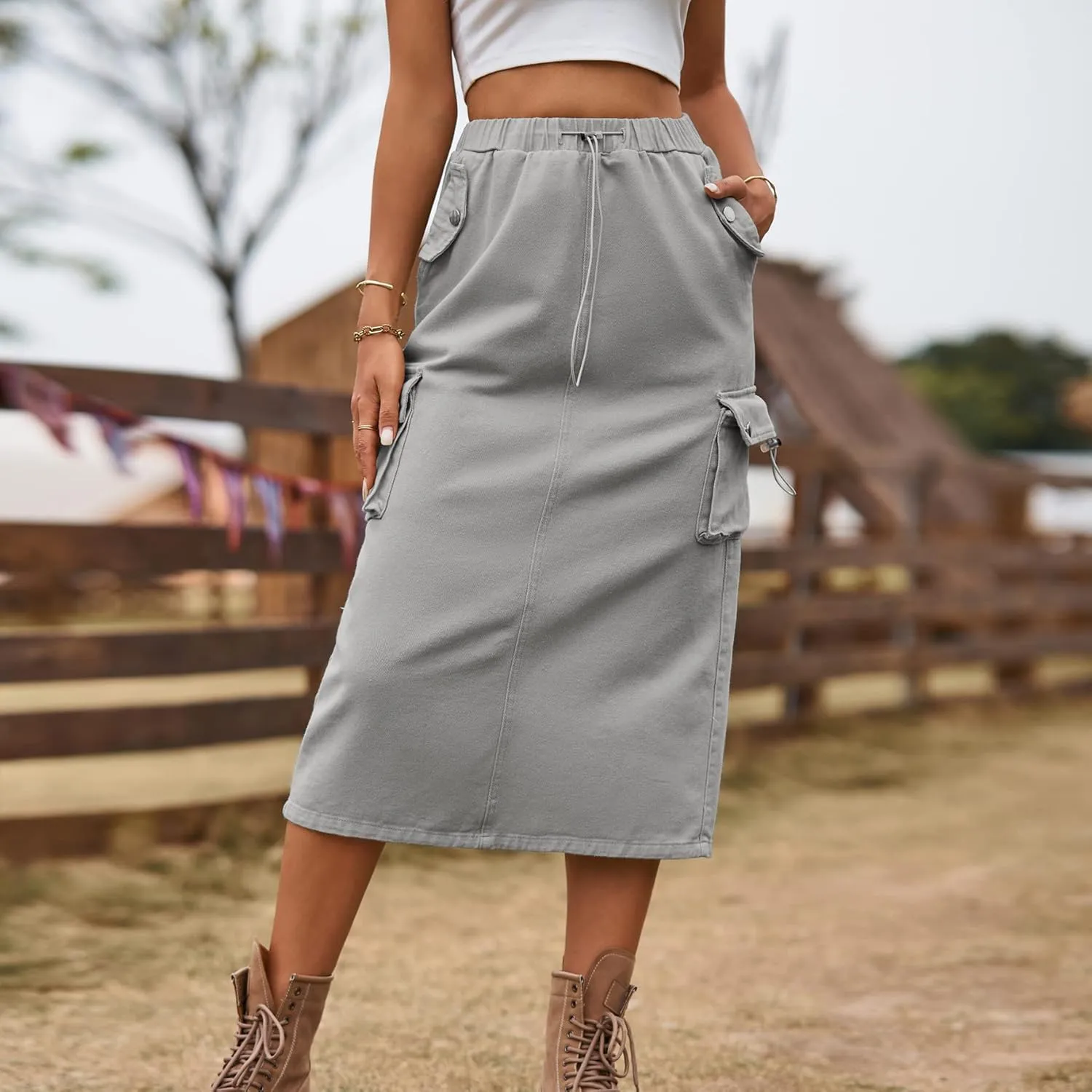 Womens Long Denim Cargo Skirts High Waisted Flap Pocket Jean Midi Skirt with Drawstring Y2K Streetwear
