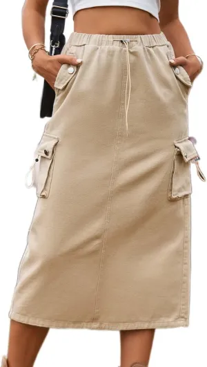 Womens Long Denim Cargo Skirts High Waisted Flap Pocket Jean Midi Skirt with Drawstring Y2K Streetwear