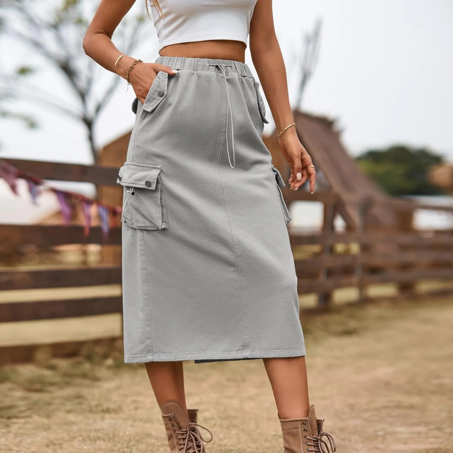 Womens Long Denim Cargo Skirts High Waisted Flap Pocket Jean Midi Skirt with Drawstring Y2K Streetwear