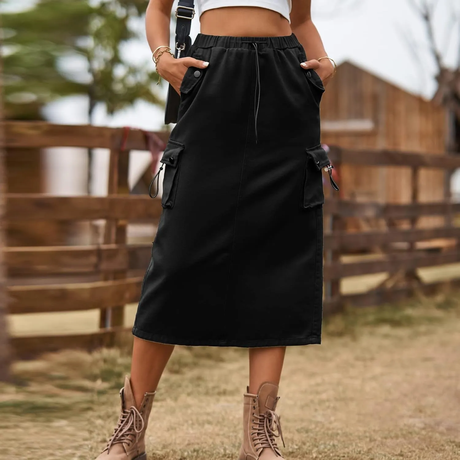 Womens Long Denim Cargo Skirts High Waisted Flap Pocket Jean Midi Skirt with Drawstring Y2K Streetwear
