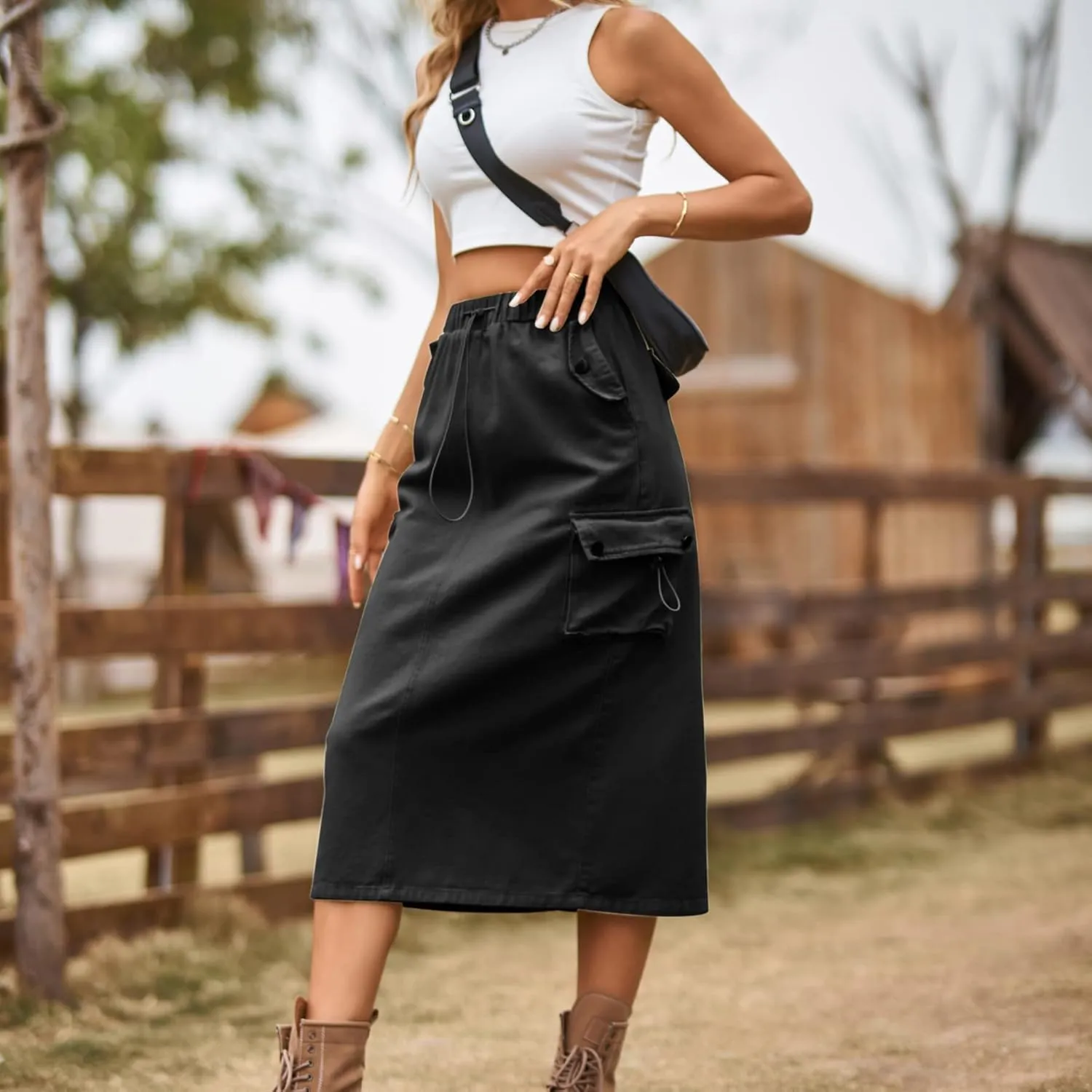 Womens Long Denim Cargo Skirts High Waisted Flap Pocket Jean Midi Skirt with Drawstring Y2K Streetwear