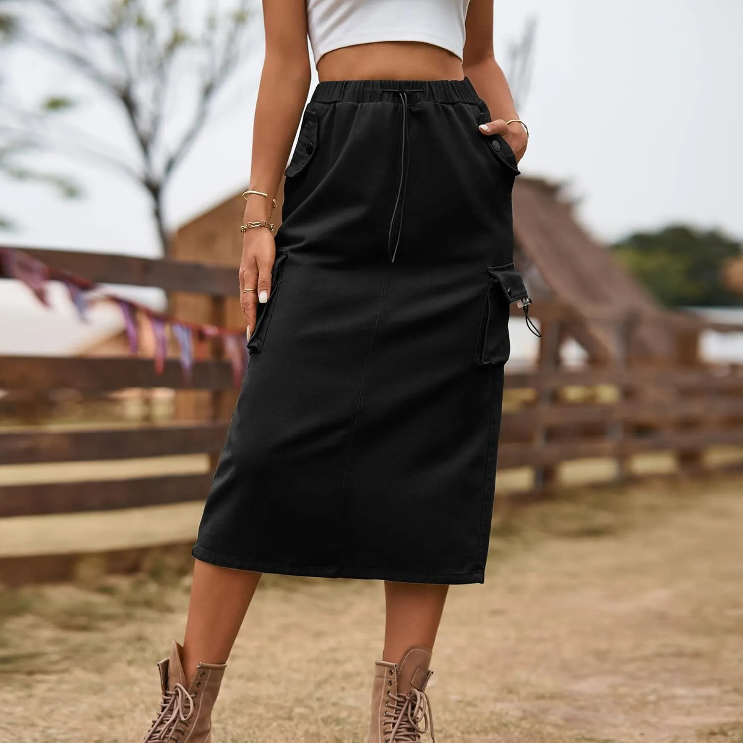 Womens Long Denim Cargo Skirts High Waisted Flap Pocket Jean Midi Skirt with Drawstring Y2K Streetwear