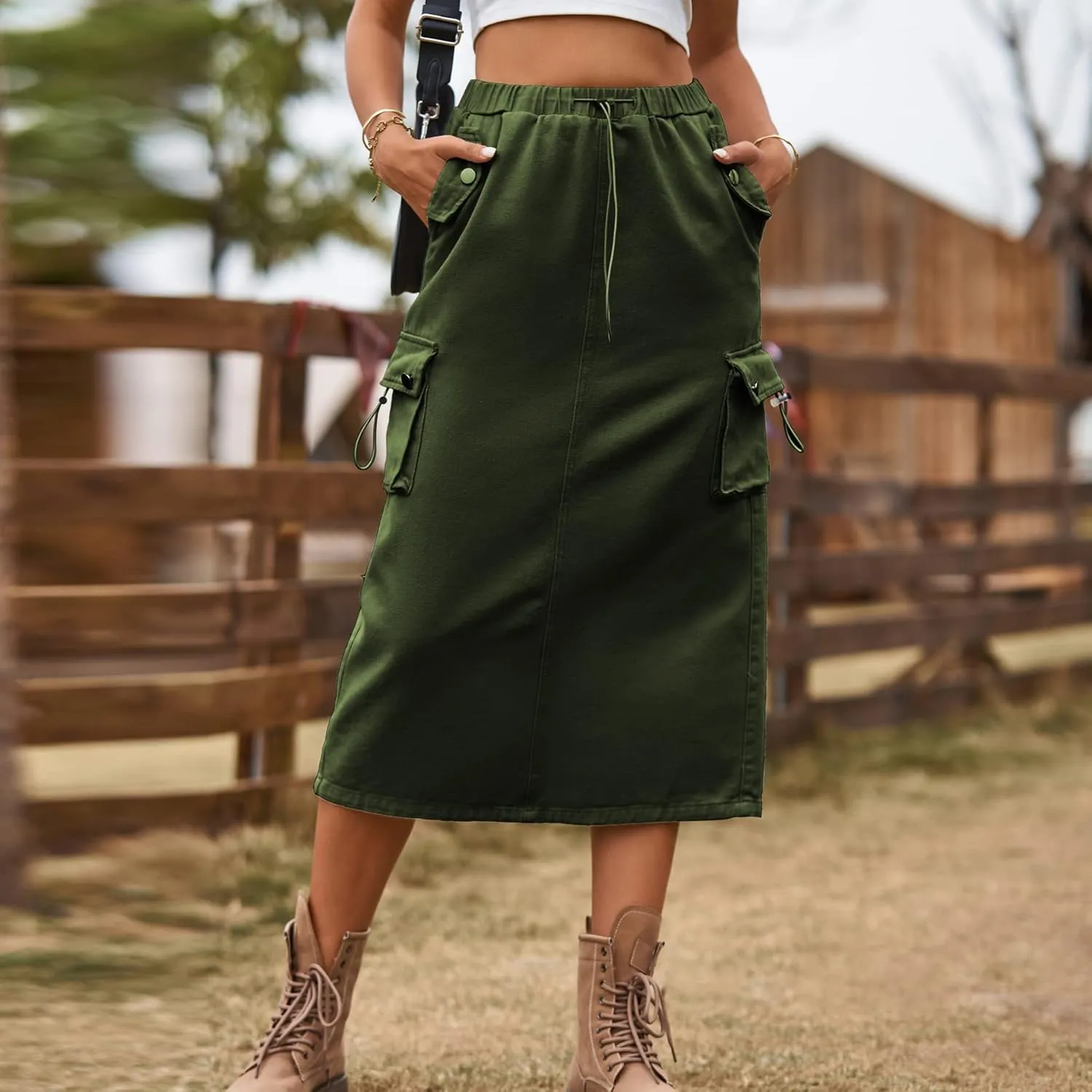 Womens Long Denim Cargo Skirts High Waisted Flap Pocket Jean Midi Skirt with Drawstring Y2K Streetwear