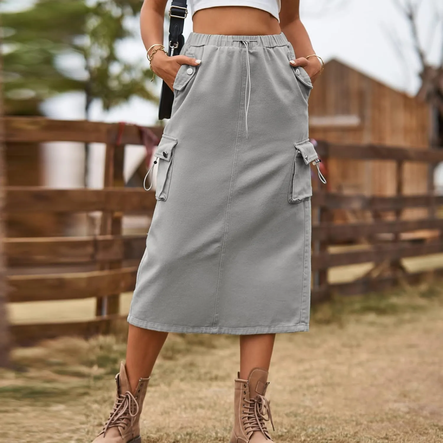 Womens Long Denim Cargo Skirts High Waisted Flap Pocket Jean Midi Skirt with Drawstring Y2K Streetwear