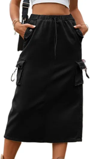 Womens Long Denim Cargo Skirts High Waisted Flap Pocket Jean Midi Skirt with Drawstring Y2K Streetwear
