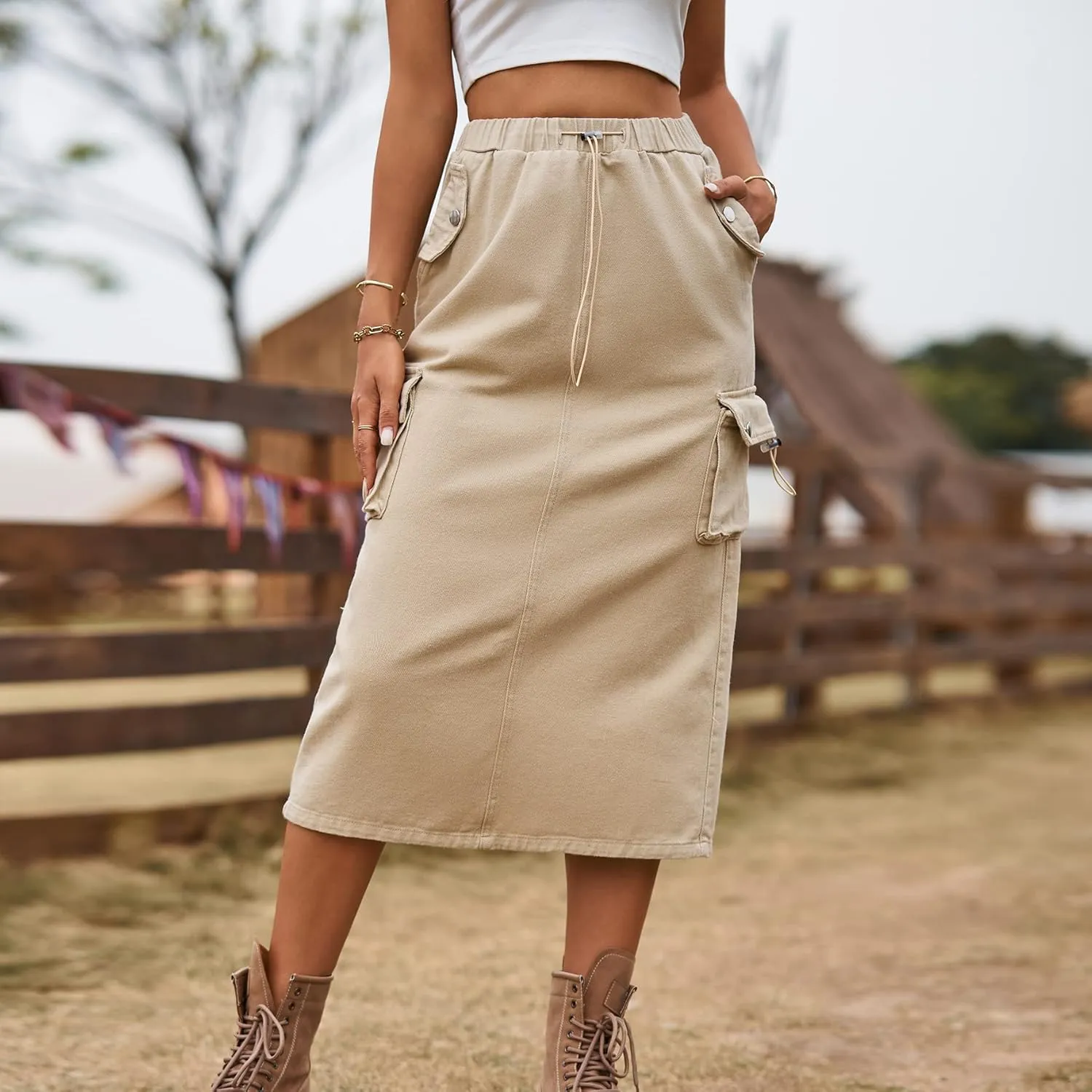 Womens Long Denim Cargo Skirts High Waisted Flap Pocket Jean Midi Skirt with Drawstring Y2K Streetwear