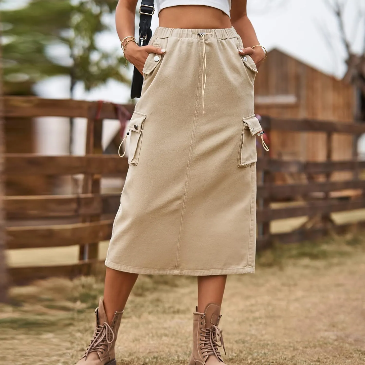 Womens Long Denim Cargo Skirts High Waisted Flap Pocket Jean Midi Skirt with Drawstring Y2K Streetwear