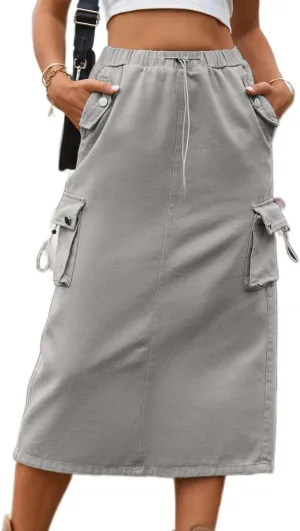 Womens Long Denim Cargo Skirts High Waisted Flap Pocket Jean Midi Skirt with Drawstring Y2K Streetwear