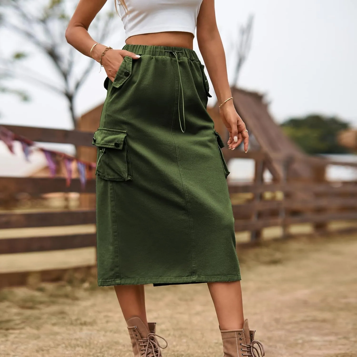 Womens Long Denim Cargo Skirts High Waisted Flap Pocket Jean Midi Skirt with Drawstring Y2K Streetwear