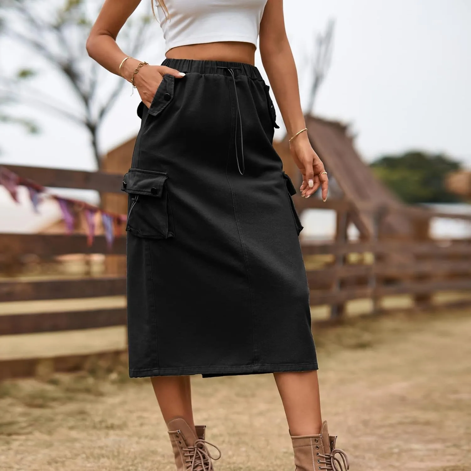 Womens Long Denim Cargo Skirts High Waisted Flap Pocket Jean Midi Skirt with Drawstring Y2K Streetwear