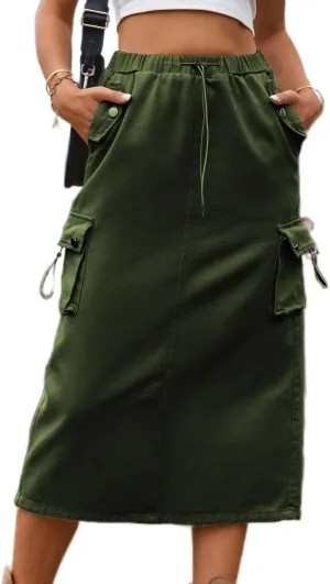 Womens Long Denim Cargo Skirts High Waisted Flap Pocket Jean Midi Skirt with Drawstring Y2K Streetwear